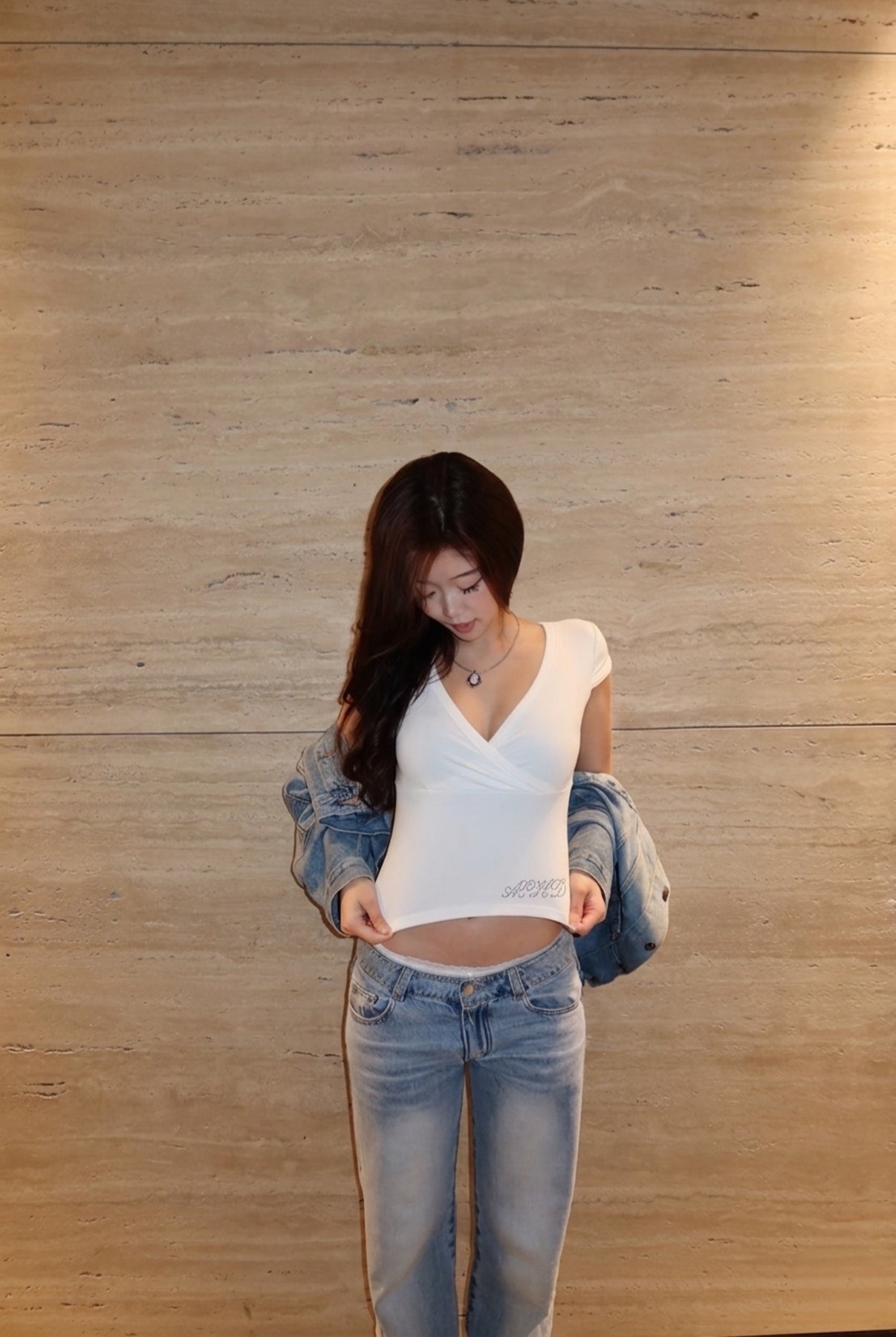 V neck top V領收腰上衣